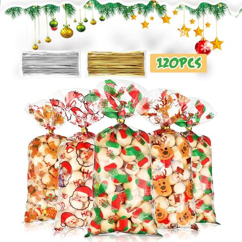 Blulu 120 Pieces Christmas Cellophane Treat Bags - Holiday Santa Socks Elf Candy Bags With 200 Gold and Silver Twist Ties for Xmas Present Decor (4 Patterns) in Saudi Arabia