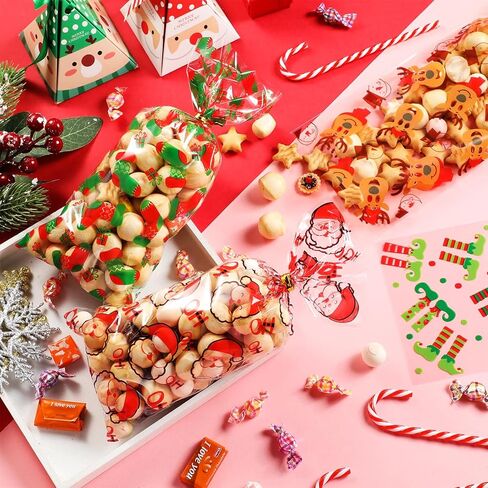 Blulu 120 Pieces Christmas Cellophane Treat Bags - Holiday Santa Socks Elf Candy Bags With 200 Gold and Silver Twist Ties for Xmas Present Decor (4 Patterns) in Saudi Arabia