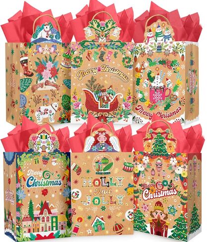 qiqee Irregular-Shaped Christmas Paper Gift Bags Bags with Handles Small Size,24Pcs Decorated Angel Xmas Paper Bag (6.1"×9.8"×3.1",24Pcs Tissue Paper included) in Saudi Arabia