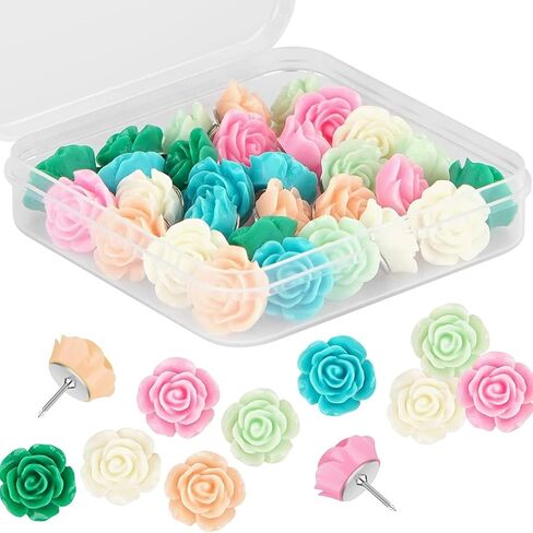 30PCS Rose Flower Push Pins for Cork Board – Decorative Resin Thumb Tacks in Mixed Pastel Colors – Cute Floral Pushpins with Storage Case for Bulletin Board Office School Wall Decor in Saudi Arabia