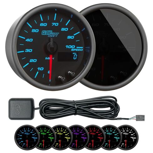 GlowShift ملون 7 ألوان 100 ميل في الساعة GPS مقياس السرعة مع هوائي مستشعر السرعة - يتم تركيبه في لوحة القيادة المخصصة - عداد المسافات - عداد الرحلة القابل لإعادة الضبط - قرص أسود - عدسة مدخنة - 3-3/8 بوصة 85 مم in Saudi Arabia