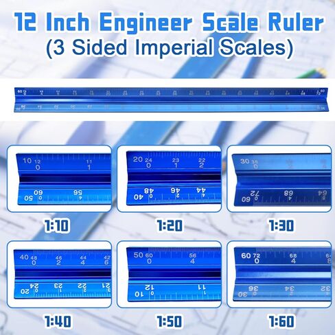Biaungdo 2 Pack Engineer Scale Ruler, 12 Inch Solid Aluminum Triangular Drafting Tool, Laser-Etched Scales Ruler for Civil Engineer, Blue(1:10, 1:20, 1:30, 1:40, 1:50, 1:60) in Kuwait