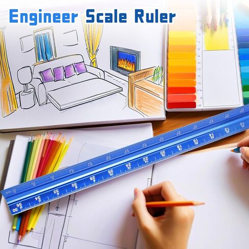 Biaungdo 2 Pack Engineer Scale Ruler, 12 Inch Solid Aluminum Triangular Drafting Tool, Laser-Etched Scales Ruler for Civil Engineer, Blue(1:10, 1:20, 1:30, 1:40, 1:50, 1:60) in Kuwait