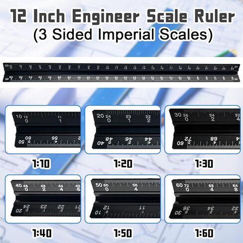 Biaungdo 2 Pack Engineer Scale Ruler, 12 Inch Solid Aluminum Triangular Drafting Tool, Laser-Etched Scales Ruler for Civil Engineer, Blue(1:10, 1:20, 1:30, 1:40, 1:50, 1:60) in Saudi Arabia