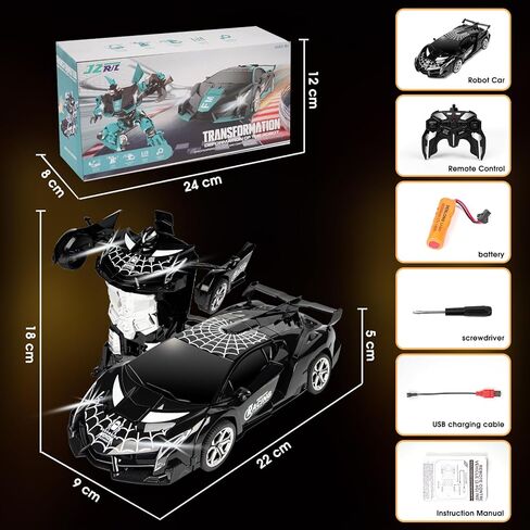 Rechargeable Transform Remote Control Spider Car, Black Transforming RC Robot Toy 1:18, One-Key Deformation, 360° Drifting Vehicle for Kids Ages 3-7 in Saudi Arabia