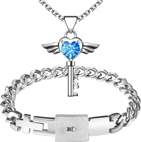 Lock and Key Bracelet Necklace Set: Stainless Steel Locking Bracelet Angel Wing Heart Key Pendant Couples Jewelry Anniversary Weddings Valentines Gifts for Men Women in Kuwait