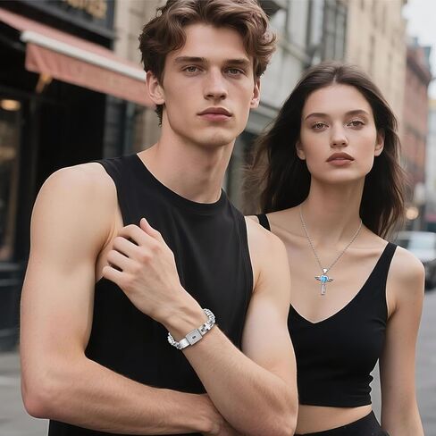 Lock and Key Bracelet Necklace Set: Stainless Steel Locking Bracelet Angel Wing Heart Key Pendant Couples Jewelry Anniversary Weddings Valentines Gifts for Men Women in Kuwait