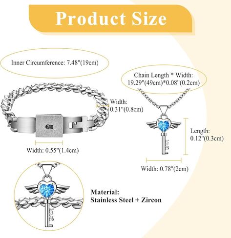Lock and Key Bracelet Necklace Set: Stainless Steel Locking Bracelet Angel Wing Heart Key Pendant Couples Jewelry Anniversary Weddings Valentines Gifts for Men Women in Kuwait