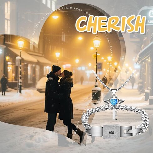 Lock and Key Bracelet Necklace Set: Stainless Steel Locking Bracelet Angel Wing Heart Key Pendant Couples Jewelry Anniversary Weddings Valentines Gifts for Men Women in Kuwait