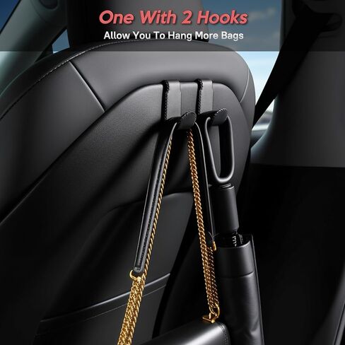 خطافات مقعد السيارة لسيارة Tesla Model Y (Juniper) موديل 3 (Highland)، مغلفة بالجلد مع قلب من الفولاذ المقاوم للصدأ وخياطة يدوية، حامل حقيبة شماعات للمحفظة، منظمات ظهر مقعد السيارة (أسود - عبوتان) in Kuwait