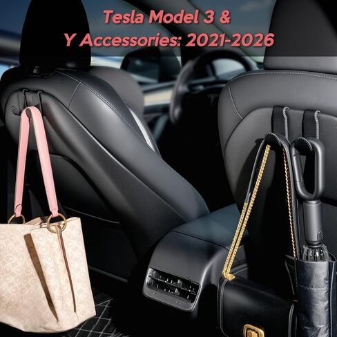 خطافات مقعد السيارة لسيارة Tesla Model Y (Juniper) موديل 3 (Highland)، مغلفة بالجلد مع قلب من الفولاذ المقاوم للصدأ وخياطة يدوية، حامل حقيبة شماعات للمحفظة، منظمات ظهر مقعد السيارة (أسود - عبوتان) in Kuwait