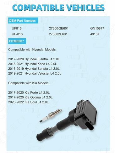 Set of 4 UF816 Ignition Coil Pack & Spark Plugs (2.0L ONLY) For Hyundai Elantra 2017-2020,Kona 2018-2021,Sonata 2016-2019,Veloster 2019-2021; For Kia Forte Optima 2017-2020,Soul 2020-2022 in Saudi Arabia