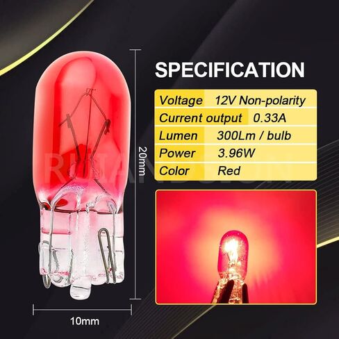 Ruiandsion T10 W5W 194 مصابيح هالوجين 168 2825 أبيض دافئ 12 فولت أضواء لوحة القيادة لخريطة القبة الداخلية، غير قطبية (عبوة من 10) in Saudi Arabia