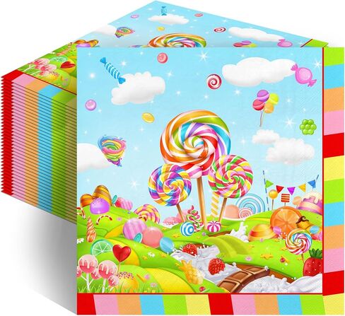 Avezano 50 pcs Candyland Party Decorations Lollipop Candy Birthday Napkins 6.5 x 6.5" Sweet Candy Disposable Napkins for Kids Birthday Christmas Party Supplies Table Decor in Saudi Arabia