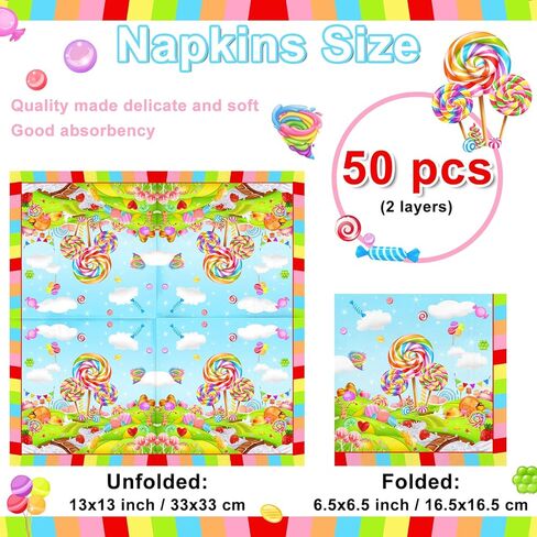 Avezano 50 pcs Candyland Party Decorations Lollipop Candy Birthday Napkins 6.5 x 6.5" Sweet Candy Disposable Napkins for Kids Birthday Christmas Party Supplies Table Decor in Saudi Arabia