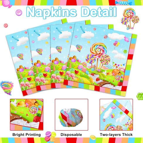 Avezano 50 pcs Candyland Party Decorations Lollipop Candy Birthday Napkins 6.5 x 6.5" Sweet Candy Disposable Napkins for Kids Birthday Christmas Party Supplies Table Decor in Saudi Arabia