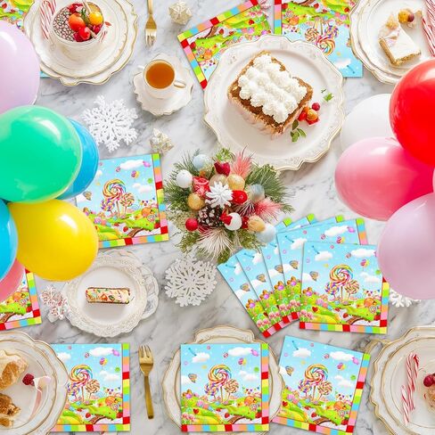 Avezano 50 pcs Candyland Party Decorations Lollipop Candy Birthday Napkins 6.5 x 6.5" Sweet Candy Disposable Napkins for Kids Birthday Christmas Party Supplies Table Decor in Saudi Arabia