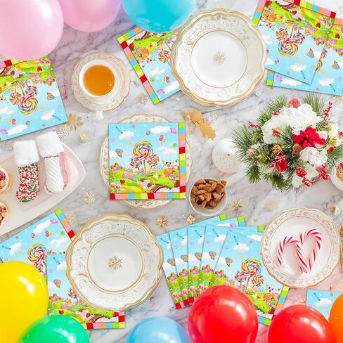 Avezano 50 pcs Candyland Party Decorations Lollipop Candy Birthday Napkins 6.5 x 6.5" Sweet Candy Disposable Napkins for Kids Birthday Christmas Party Supplies Table Decor in Saudi Arabia