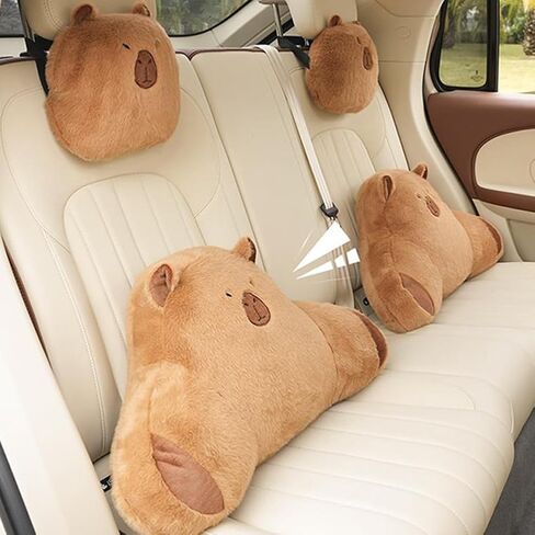 LYFJMUS 4 Pack Plush Capybara Car Headrest Pillow and Lumbar Support Pillow Kawaii Plushies Capybara Stuffed Headrest Cute Car Decor for Car Driving in Kuwait