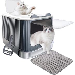 صندوق فضلات القطط مع حصيرة فضلات، صندوق فضلات كبير مقاس 43.18 سم × 35.56 سم × 33.02 سم للقطط الكبيرة، صناديق فضلات مغلقة قابلة للإزالة، صندوق كيتي للمدخل الأمامي العلوي، تحكم في الرائحة، سهل التنظيف (رمادي أصفر) in Kuwait