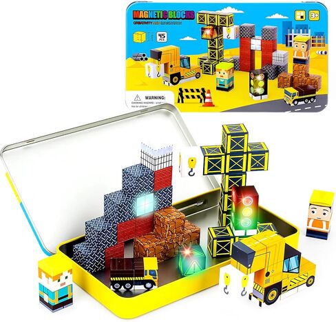 45PCS Magnetic Blocks Travel Toys for Kids with Portable Iron Box, Mini Magnetic Cubes Toys for Airplane & Car Ride STEM Learning Gift Idea for Ages 3+（ Construction Theme） in Saudi Arabia