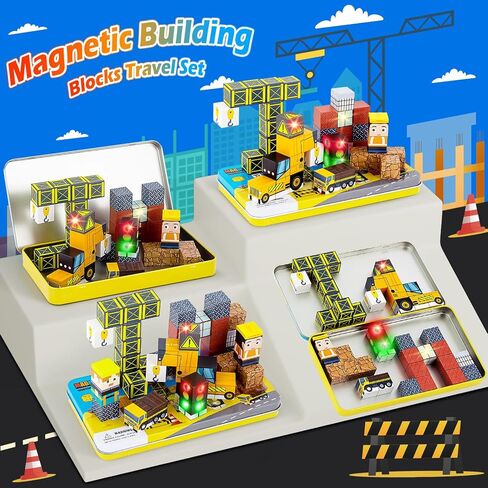 45PCS Magnetic Blocks Travel Toys for Kids with Portable Iron Box, Mini Magnetic Cubes Toys for Airplane & Car Ride STEM Learning Gift Idea for Ages 3+（ Construction Theme） in Saudi Arabia