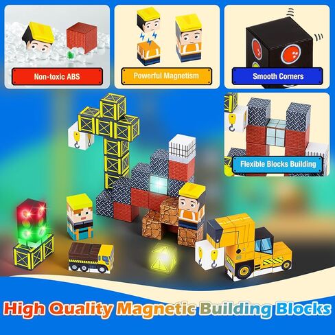 45PCS Magnetic Blocks Travel Toys for Kids with Portable Iron Box, Mini Magnetic Cubes Toys for Airplane & Car Ride STEM Learning Gift Idea for Ages 3+（ Construction Theme） in Saudi Arabia
