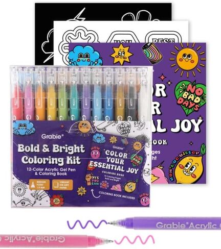 Grabie 12Colors Acrylic Gel Pens&Coloring Book, Medium Point Colored Gel Pens, Acrylic Gel Ink Pen Assorted Colored for Drawing, Note Taking, Bold&Bright Coloring Kit, Set of 12 (Essential Colors) in Saudi Arabia