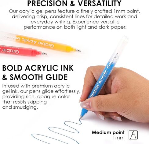 Grabie 12Colors Acrylic Gel Pens&Coloring Book, Medium Point Colored Gel Pens, Acrylic Gel Ink Pen Assorted Colored for Drawing, Note Taking, Bold&Bright Coloring Kit, Set of 12 (Essential Colors) in Saudi Arabia