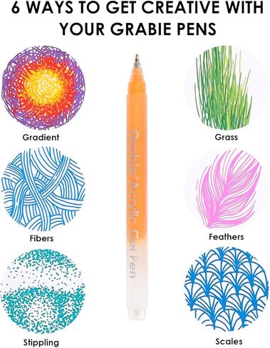 Grabie 12Colors Acrylic Gel Pens&Coloring Book, Medium Point Colored Gel Pens, Acrylic Gel Ink Pen Assorted Colored for Drawing, Note Taking, Bold&Bright Coloring Kit, Set of 12 (Essential Colors) in Saudi Arabia