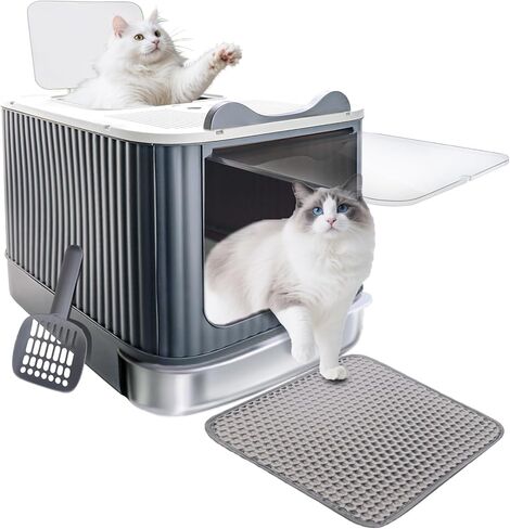 صندوق فضلات القطط مع حصيرة فضلات، صندوق فضلات كبير مقاس 43.18 سم × 35.56 سم × 33.02 سم للقطط الكبيرة، صناديق فضلات مغلقة قابلة للإزالة، صندوق كيتي للمدخل الأمامي العلوي، تحكم في الرائحة، سهل التنظيف (رمادي أصفر) in Kuwait