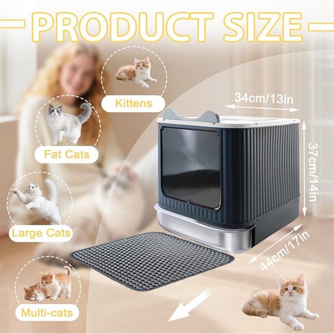 صندوق فضلات القطط مع حصيرة فضلات، صندوق فضلات كبير مقاس 43.18 سم × 35.56 سم × 33.02 سم للقطط الكبيرة، صناديق فضلات مغلقة قابلة للإزالة، صندوق كيتي للمدخل الأمامي العلوي، تحكم في الرائحة، سهل التنظيف (رمادي أصفر) in Kuwait