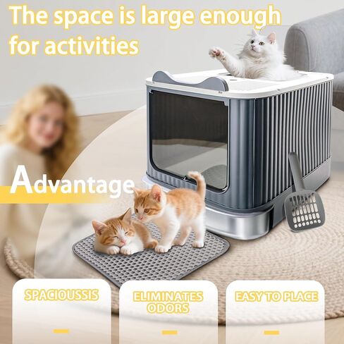 صندوق فضلات القطط مع حصيرة فضلات، صندوق فضلات كبير مقاس 43.18 سم × 35.56 سم × 33.02 سم للقطط الكبيرة، صناديق فضلات مغلقة قابلة للإزالة، صندوق كيتي للمدخل الأمامي العلوي، تحكم في الرائحة، سهل التنظيف (رمادي أصفر) in Kuwait