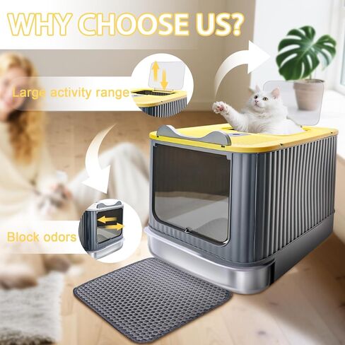 صندوق فضلات القطط مع حصيرة فضلات، صندوق فضلات كبير مقاس 43.18 سم × 35.56 سم × 33.02 سم للقطط الكبيرة، صناديق فضلات مغلقة قابلة للإزالة، صندوق كيتي للمدخل الأمامي العلوي، تحكم في الرائحة، سهل التنظيف (رمادي أصفر) in Kuwait