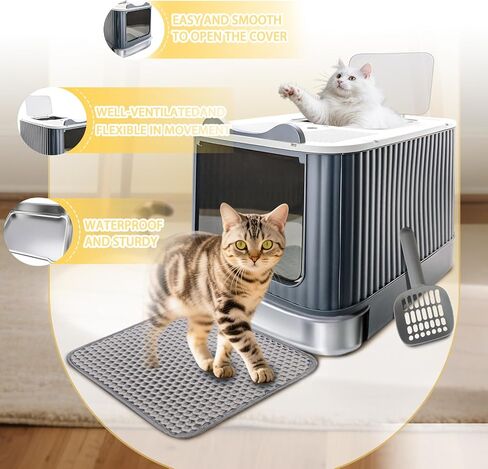 صندوق فضلات القطط مع حصيرة فضلات، صندوق فضلات كبير مقاس 43.18 سم × 35.56 سم × 33.02 سم للقطط الكبيرة، صناديق فضلات مغلقة قابلة للإزالة، صندوق كيتي للمدخل الأمامي العلوي، تحكم في الرائحة، سهل التنظيف (رمادي أصفر) in Kuwait