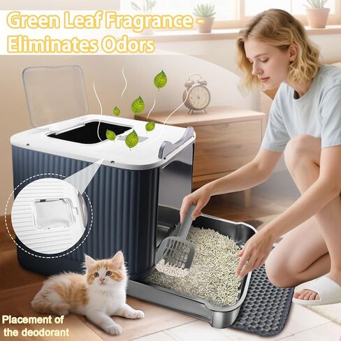 صندوق فضلات القطط مع حصيرة فضلات، صندوق فضلات كبير مقاس 43.18 سم × 35.56 سم × 33.02 سم للقطط الكبيرة، صناديق فضلات مغلقة قابلة للإزالة، صندوق كيتي للمدخل الأمامي العلوي، تحكم في الرائحة، سهل التنظيف (رمادي أصفر) in Kuwait