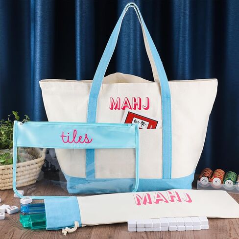 3 Pcs Empty Mahjong Canvas Bag Gift Embroidered American Mahjong Set Incl Tiles Bag and Racks & Pushers Drawstring Bags(White) in Saudi Arabia