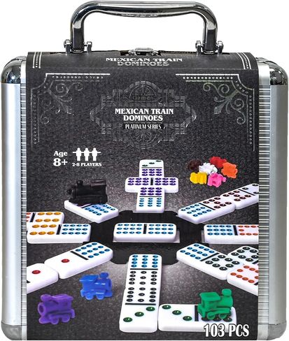 Sunny Days Entertainment Elbow Room Games Mexican Train Dominoes Set – Double 12 Color Dot Dominos Game with Tin Case & Hub for Family Fun in Saudi Arabia