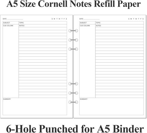 ورق حشو ملاحظات كورنيل لمجلد A5 - ورق إعادة تعبئة ملاحظات كورنيل 6 فتحات، 50 ورقة/100 صفحة، 100 جرامًا للمتر المربع، أبيض، 5.8 بوصة × 8.5 بوصة in Kuwait