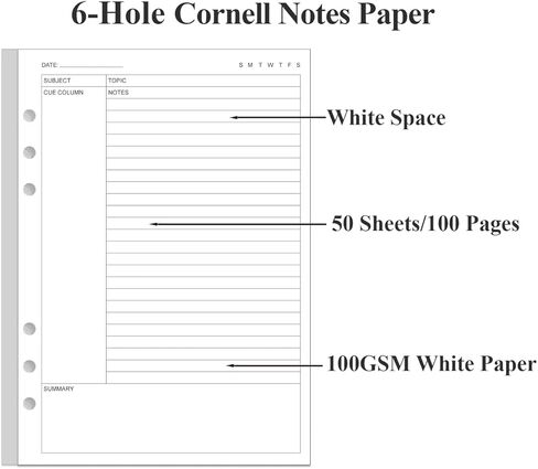 ورق حشو ملاحظات كورنيل لمجلد A5 - ورق إعادة تعبئة ملاحظات كورنيل 6 فتحات، 50 ورقة/100 صفحة، 100 جرامًا للمتر المربع، أبيض، 5.8 بوصة × 8.5 بوصة in Kuwait