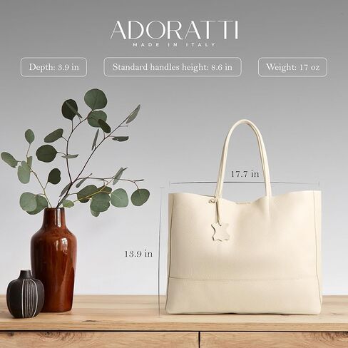 Italian Leather Tote Bag for Women - Large Shoulder Shopper, Fits 16" Laptop, Keychain Holder, Made in Italy in Saudi Arabia