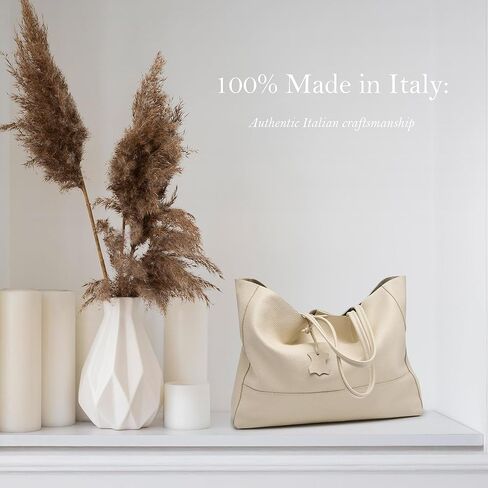Italian Leather Tote Bag for Women - Large Shoulder Shopper, Fits 16" Laptop, Keychain Holder, Made in Italy in Saudi Arabia