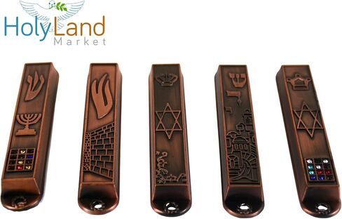 A Set of 5 Pewter Clean and Smooth Cut and Gold Plated Mezuzahs Symbols with Different enameled Themes. Each is About 3.5 Inches and Comes with Scrolls and Screws for Hanging in Saudi Arabia
