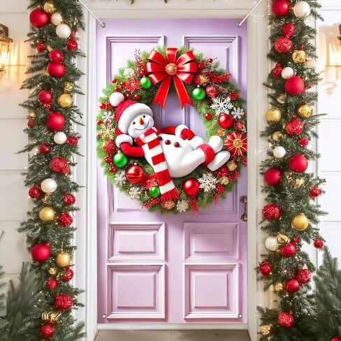 IVN Snow Friends Group شريط أحمر غطاء باب أخضر لتزيين 71 × 35 في لافتة العطلات، خلفية صورة مشرقة وودية للاستخدام الداخلي والخارجي لديكورات حفلات الباب الأمامي in Saudi Arabia