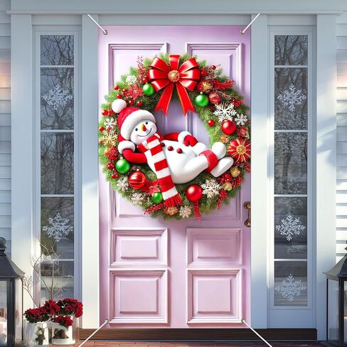 IVN Snow Friends Group شريط أحمر غطاء باب أخضر لتزيين 71 × 35 في لافتة العطلات، خلفية صورة مشرقة وودية للاستخدام الداخلي والخارجي لديكورات حفلات الباب الأمامي in Saudi Arabia