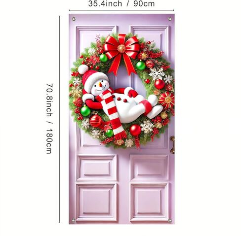 IVN Snow Friends Group شريط أحمر غطاء باب أخضر لتزيين 71 × 35 في لافتة العطلات، خلفية صورة مشرقة وودية للاستخدام الداخلي والخارجي لديكورات حفلات الباب الأمامي in Saudi Arabia