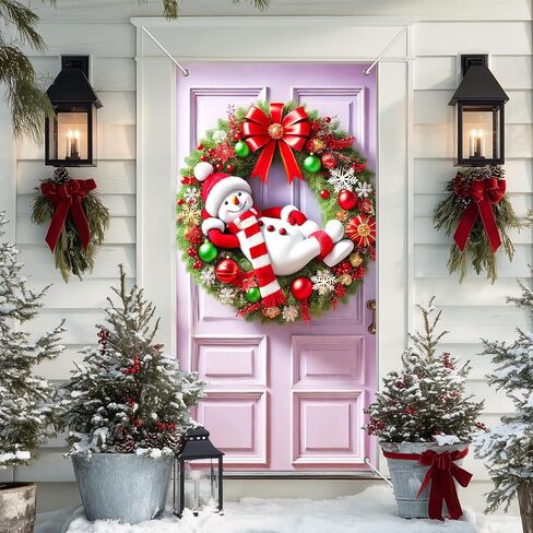 IVN Snow Friends Group شريط أحمر غطاء باب أخضر لتزيين 71 × 35 في لافتة العطلات، خلفية صورة مشرقة وودية للاستخدام الداخلي والخارجي لديكورات حفلات الباب الأمامي in Saudi Arabia
