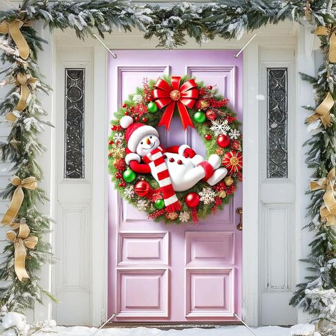 IVN Snow Friends Group شريط أحمر غطاء باب أخضر لتزيين 71 × 35 في لافتة العطلات، خلفية صورة مشرقة وودية للاستخدام الداخلي والخارجي لديكورات حفلات الباب الأمامي in Saudi Arabia