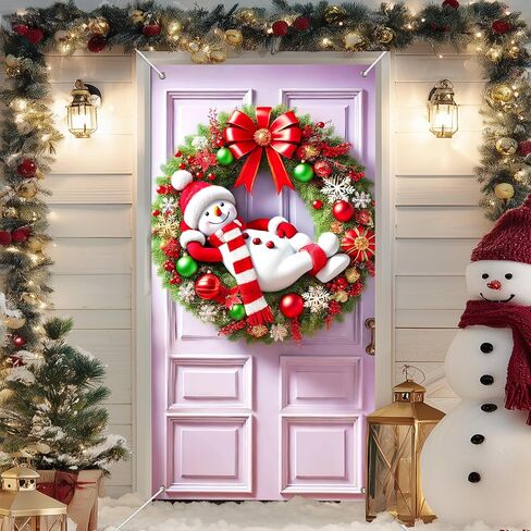 IVN Snow Friends Group شريط أحمر غطاء باب أخضر لتزيين 71 × 35 في لافتة العطلات، خلفية صورة مشرقة وودية للاستخدام الداخلي والخارجي لديكورات حفلات الباب الأمامي in Saudi Arabia