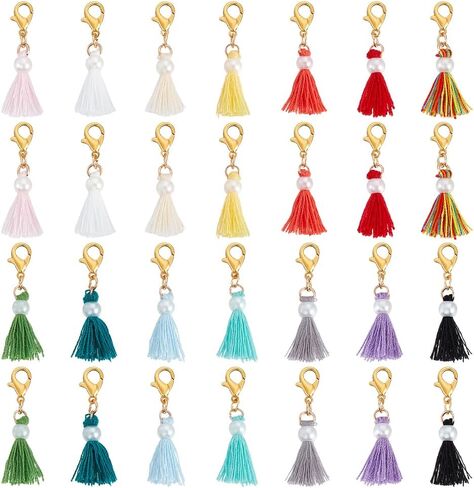 AHANDMAKER 28Pcs 14 Colors Mini Tassel with Lobster Clasp, 28Pcs Clip on Charm Craft Tassels with Imitation Pearl for Bracelets Jewelry Making Key Chain and Craft Supplies in Kuwait